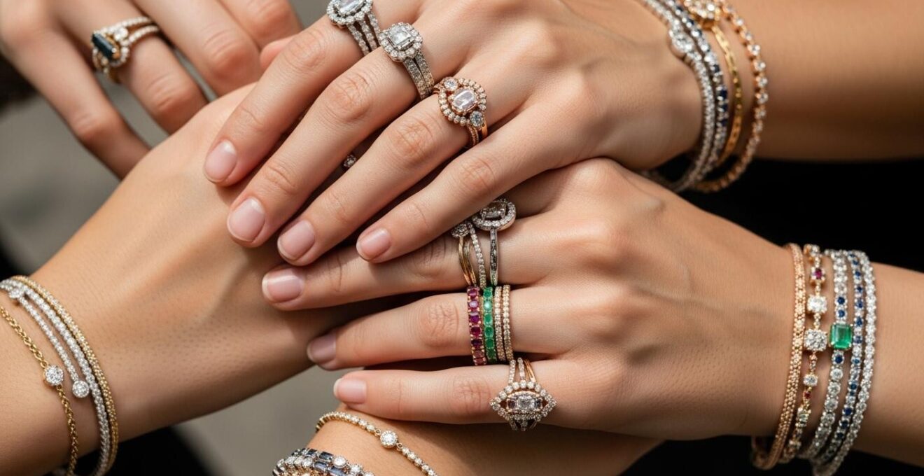 Photo macro de mains féminines avec accumulation de bracelets et bagues fines en or et argent.