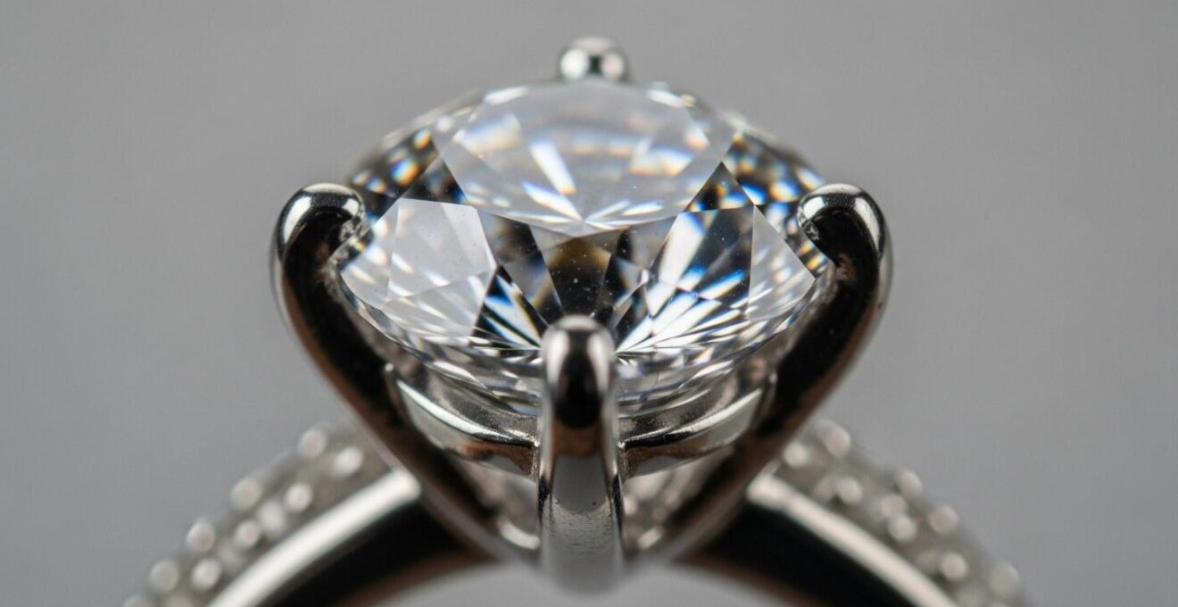 Photographie macro d'une bague sertie mettant en valeur l'éclat intense d'une pierre précieuse avec lumière naturelle