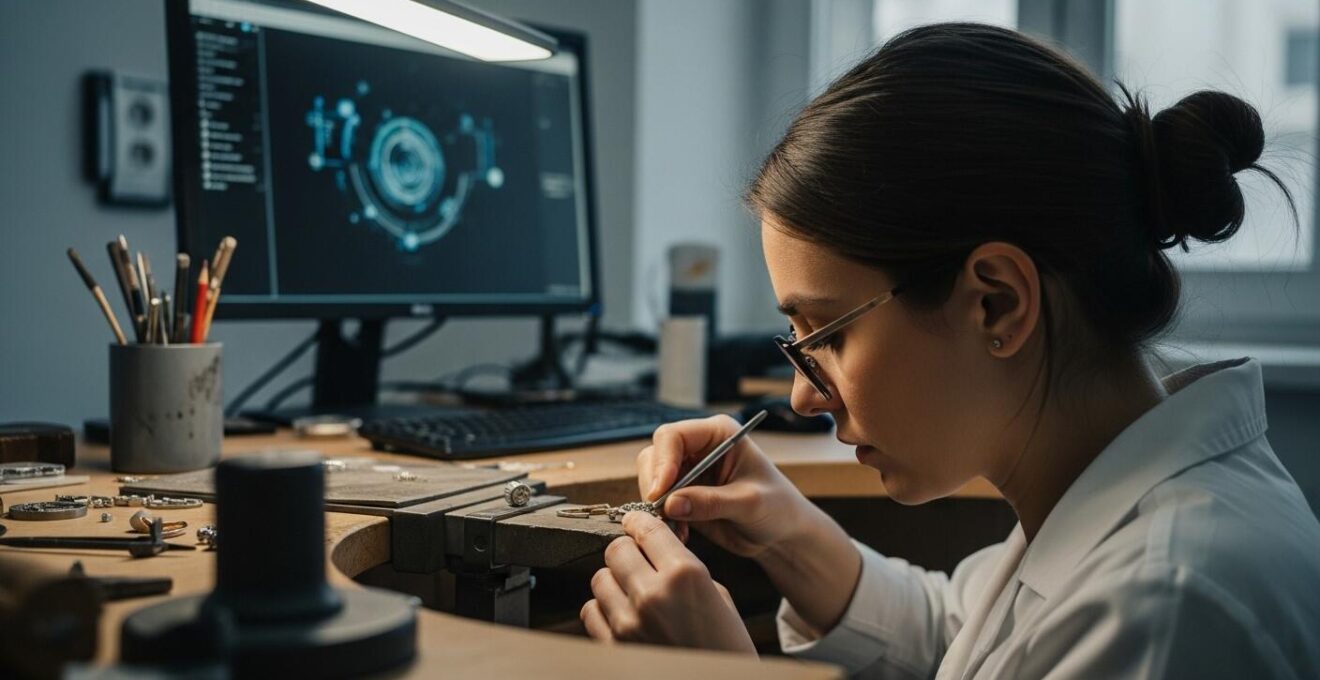 Artisan créateur de bijoux dans un atelier moderne digital, entre tradition et technologie
