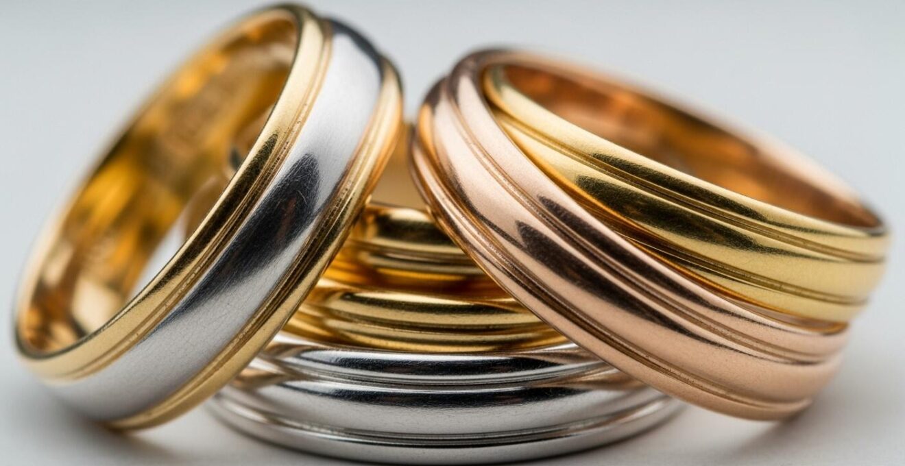 Gros plan sur plusieurs bagues en or 18 carats représentant les différentes couleurs de l'or, sur un fond lumineux élégant et minimaliste