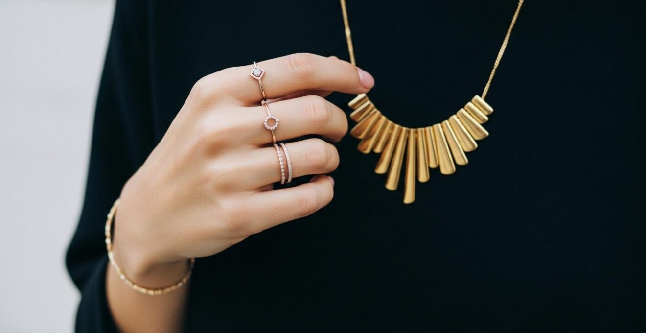 Une main féminine élégante portant plusieurs bijoux variés, sur une tenue simple et chic