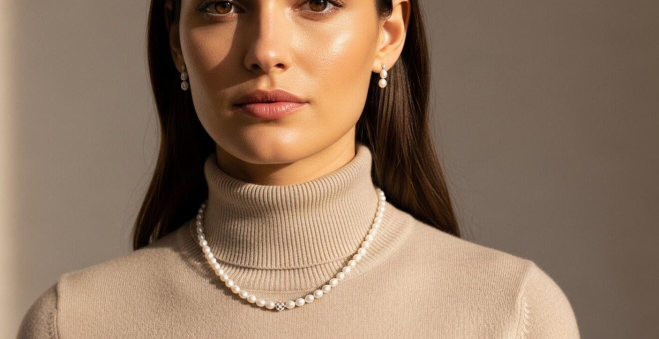 Portrait d'une femme élégante portant un col roulé avec un bijou assorti mettant en valeur l'encolure