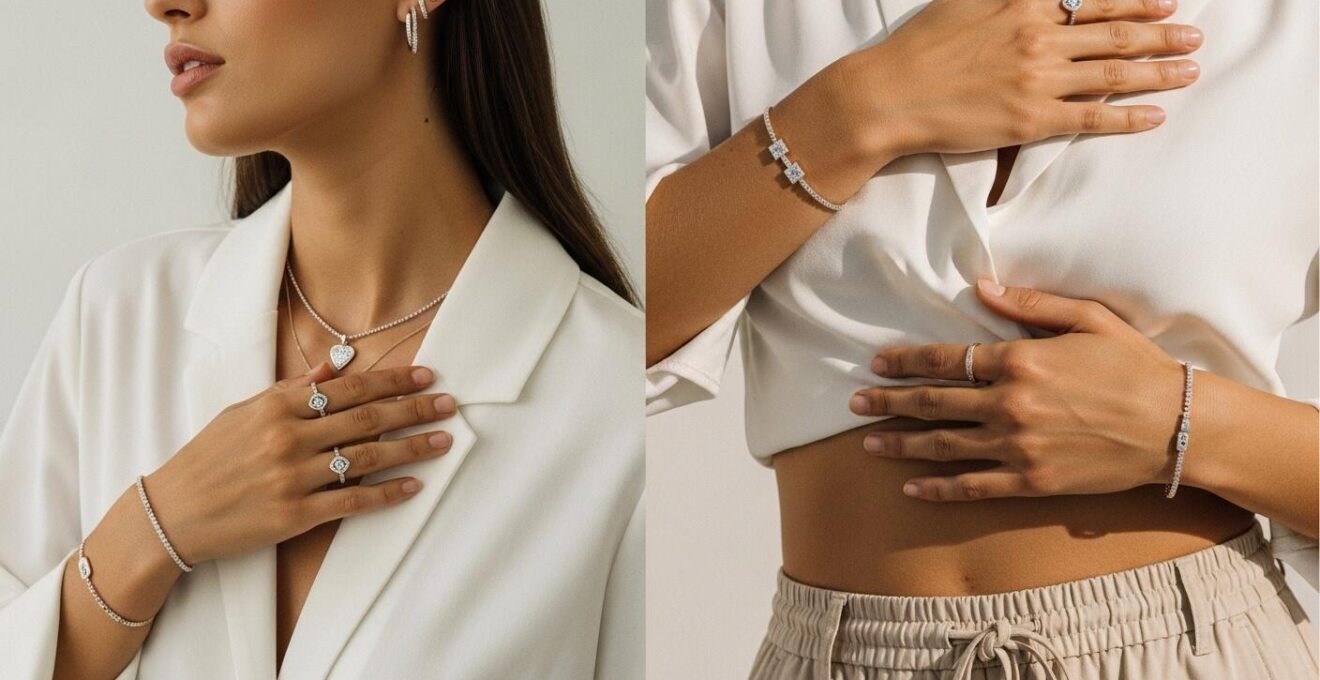 Photographie réaliste d'une femme portant des bijoux élégants corporels qui s'étendent comme une toile sur sa peau, symbolisant l'expression identitaire