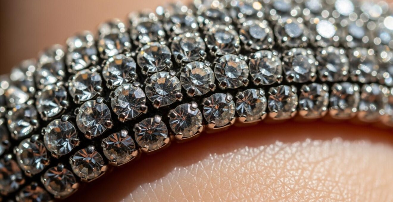 Gros plan photographique sur un bijou de peau incrusté de strass Swarovski posé délicatement sur la peau d'une épaule féminine en tenue de soirée