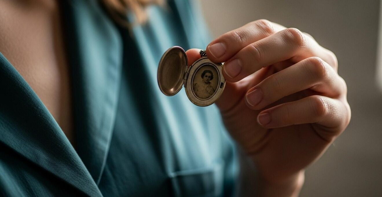 Photographie émotionnelle d'une personne tenant un médaillon souvenir près de son cœur