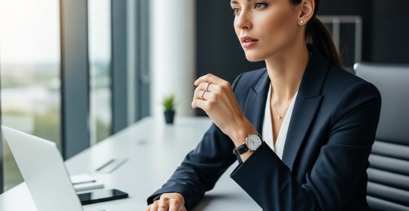 Femme élégante avec bijoux discrets au bureau, portant une montre cuir et boucles d’oreilles fines
