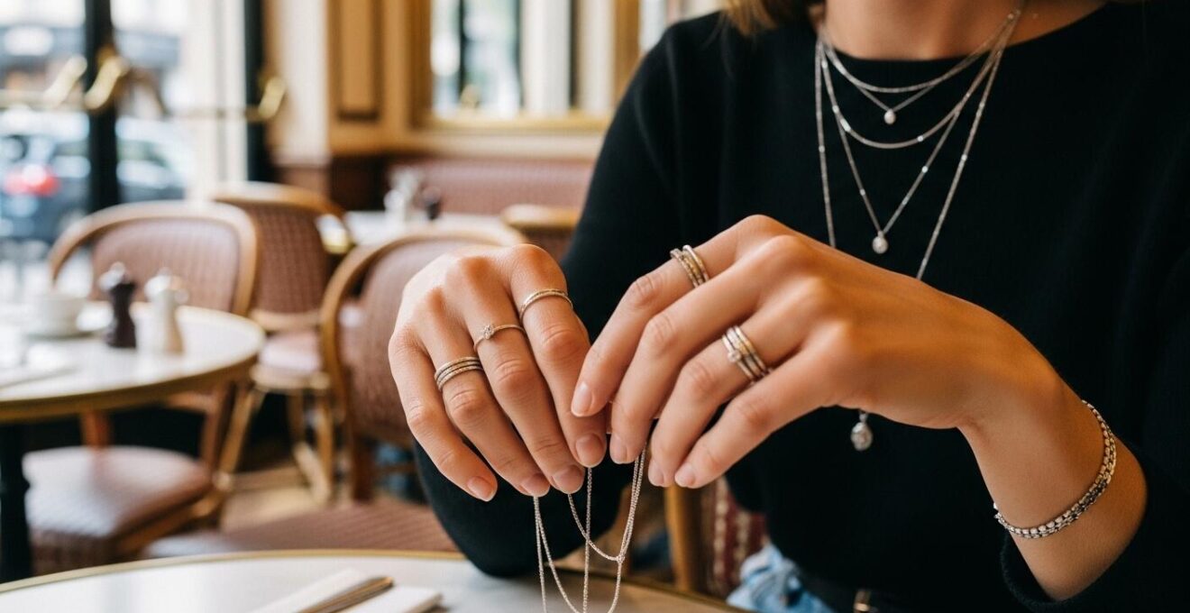 Colliers et bagues fins portés par une femme élégante dans un café parisien