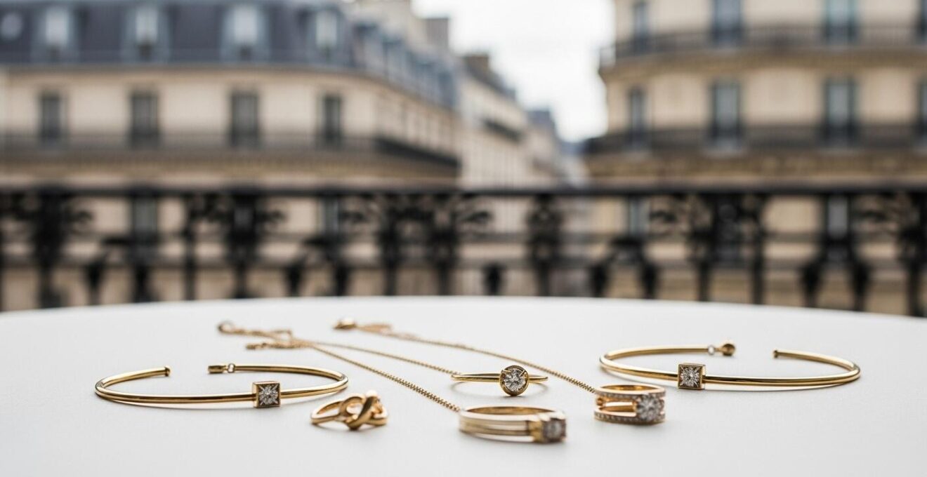 Composition détaillée de bijoux fins en or et argent dans un décor urbain parisien minimaliste