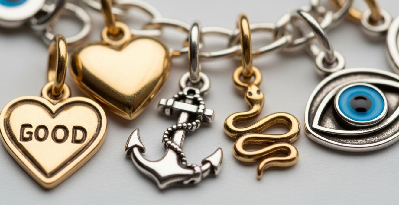 Photographie en gros plan de bijoux porte-bonheur avec symboles cœur, ancre, serpent et œil