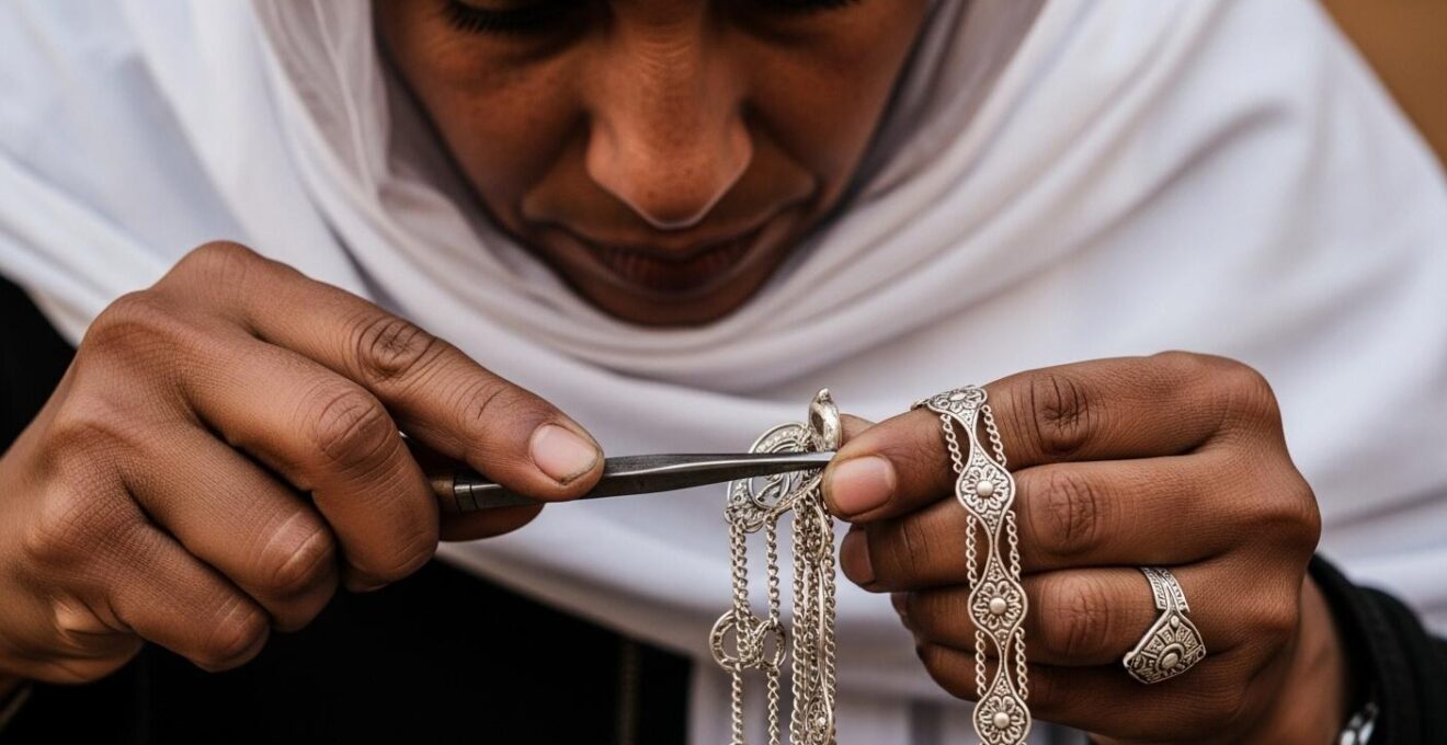 Un artisan bijoutier touareg travaillant un bijou en argent à la main