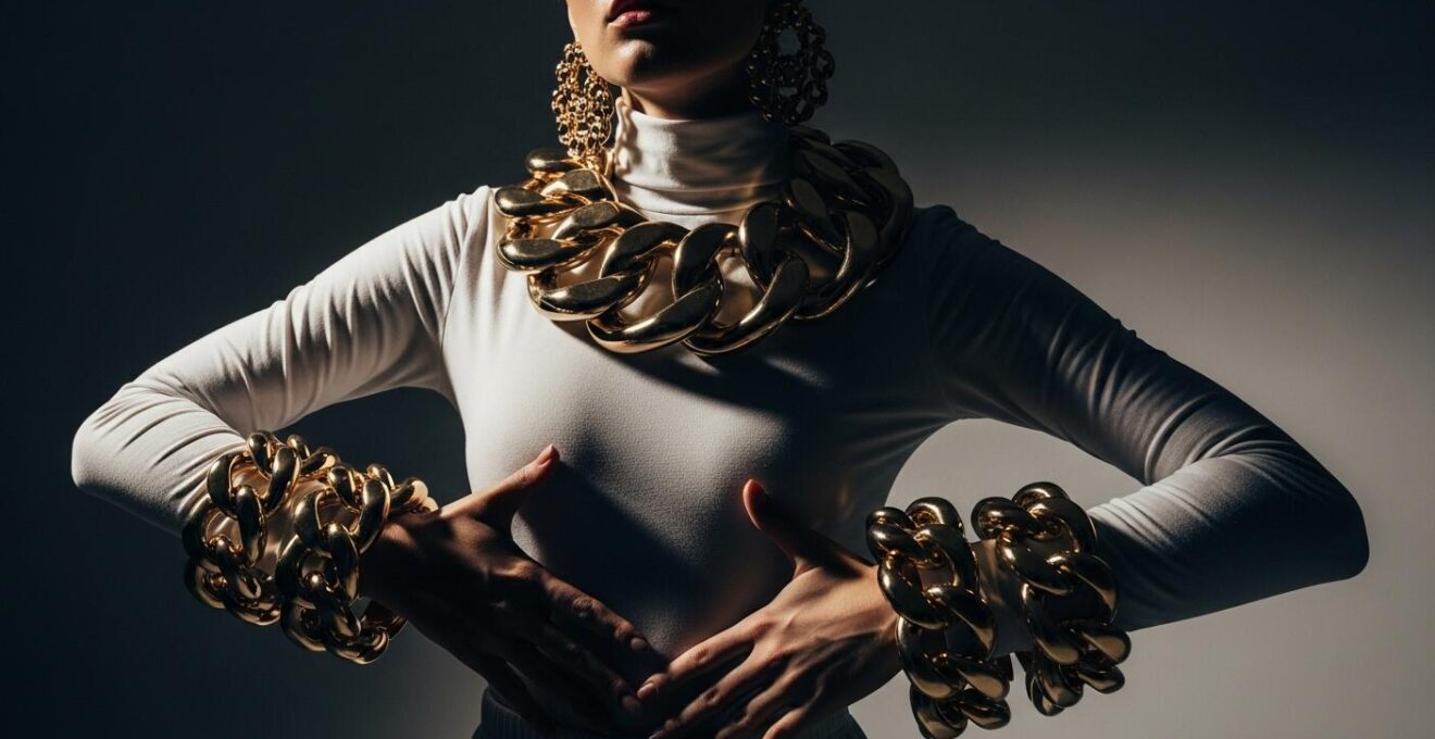 Collier et bracelets XXL portés par une femme élégante rougeoyant sur fond minimaliste