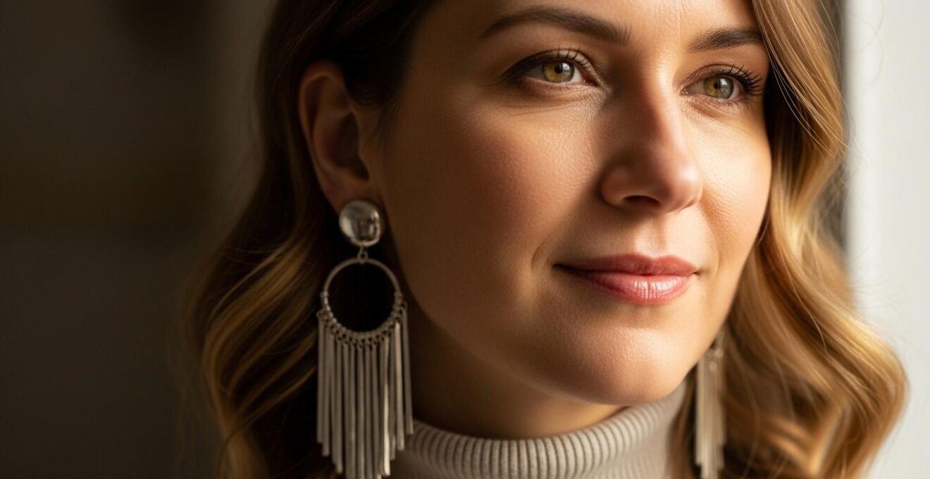 Portrait d'une femme avec col roulé et élégantes boucles d'oreilles pendantes en lumière douce