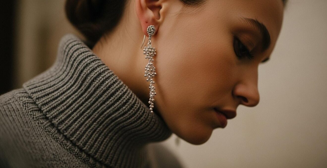 Portrait en lumière naturelle d’une femme portant des boucles d’oreilles pendantes avec un pull col roulé gris.