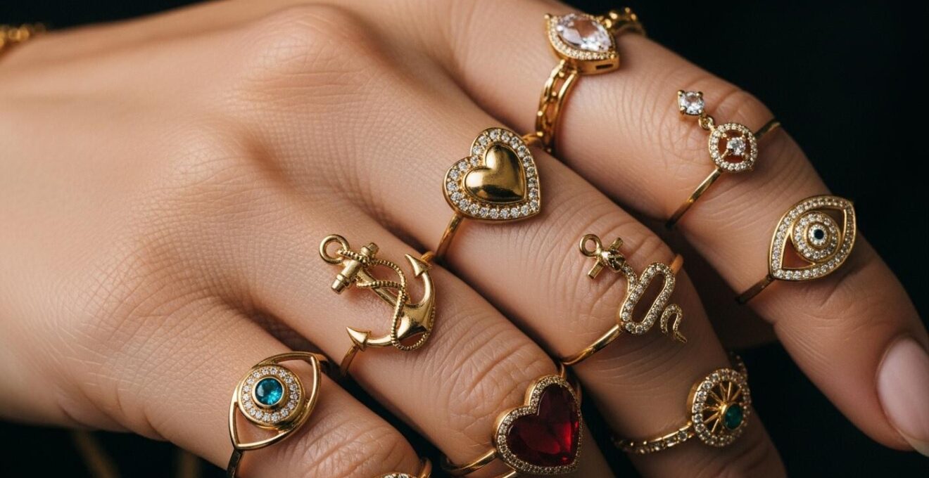 Gros plan sur une main portant différents bijoux en or et pierres précieuses symbolisant une histoire personnelle