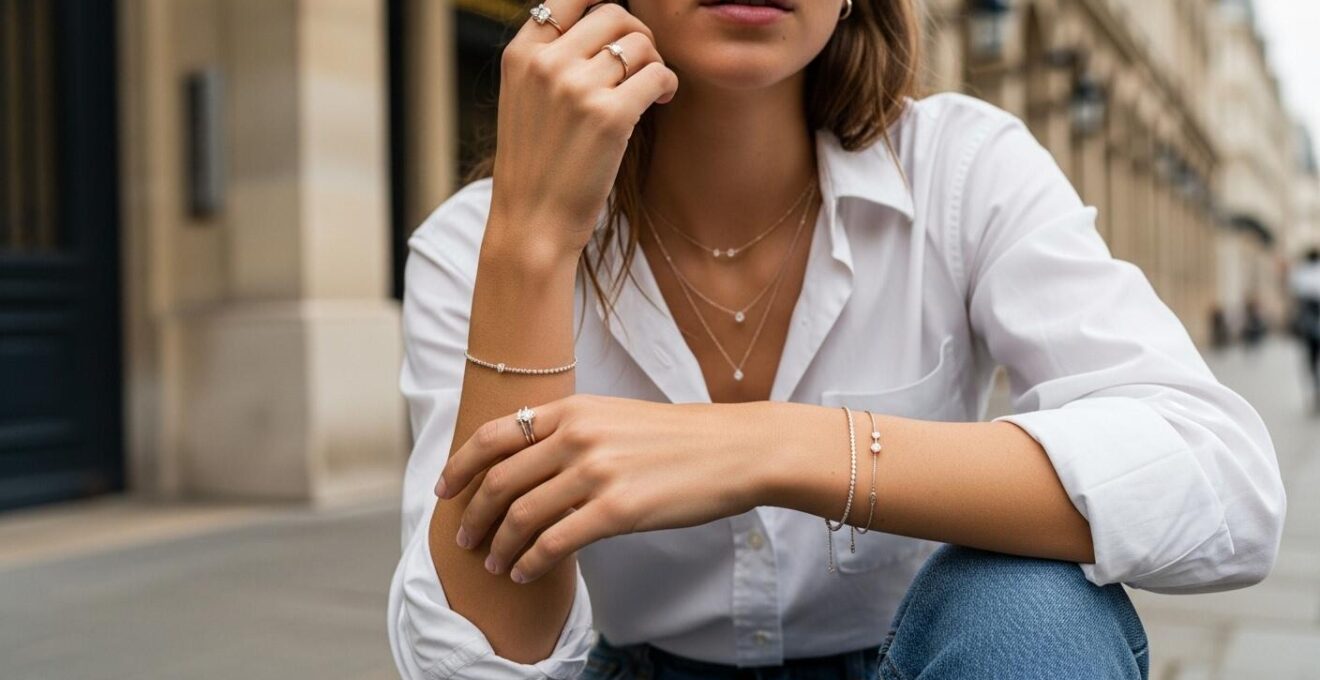 Femme parisienne élégante portant des bijoux fins minimalistes avec un jean et une chemise blanche dans un cadre urbain chic