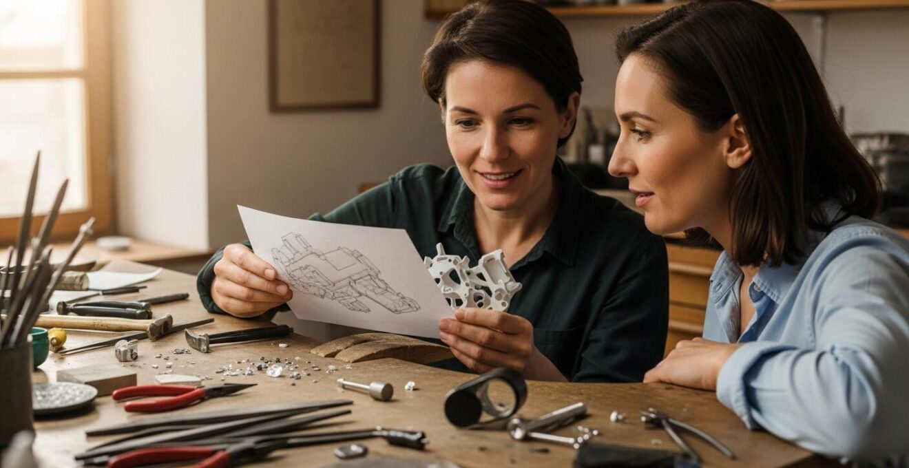 Scène d'atelier avec un artisan et un client regardant un dessin ou prototype de bijou en 3D