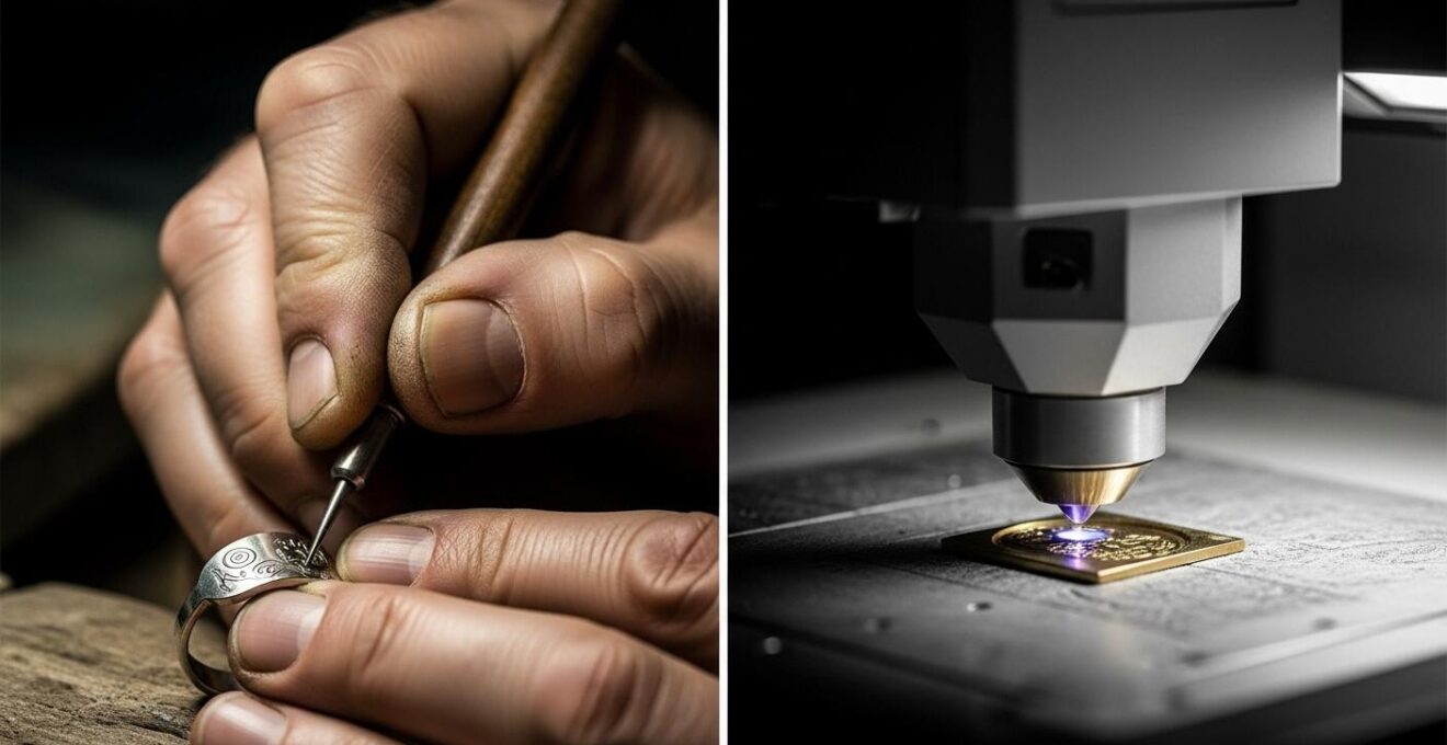 Un artisan graveur manipulant un outil manuel face à une machine de gravure laser moderne.
