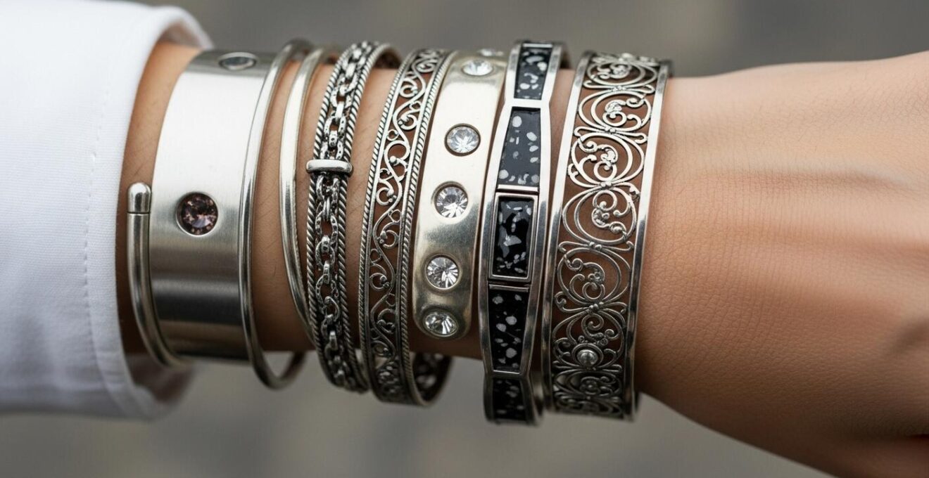 Photographie style documentaire montrant un poignet avec plusieurs bracelets manchette combinés élégamment