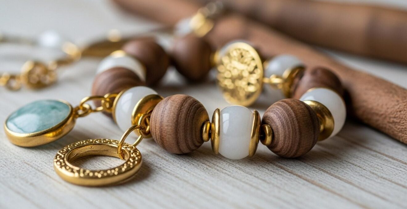 Bijoux mêlant métal doré, bois brut et pierre semi-précieuse, photographiés en gros plan sur une table artisanale.