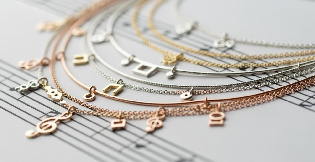 Photo artistique de plusieurs colliers fins superposés avec des longueurs variées et des pendentifs harmonieux