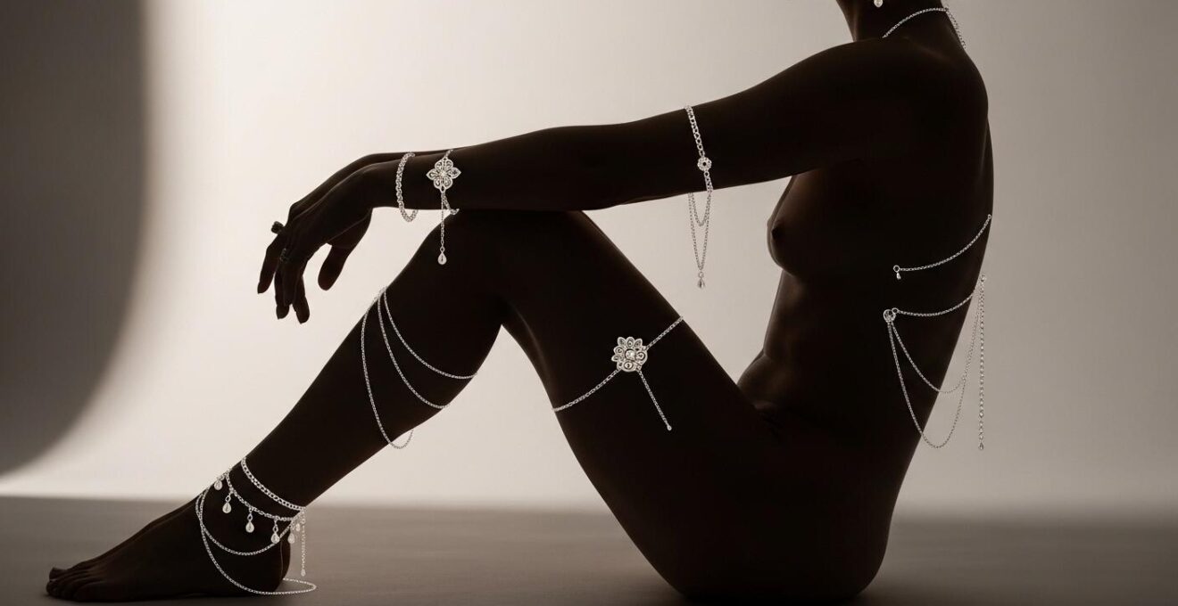 Photographie réaliste montrant une silhouette féminine ornée de bijoux variés couvrant différentes parties du corps, avec une lumière naturelle douce