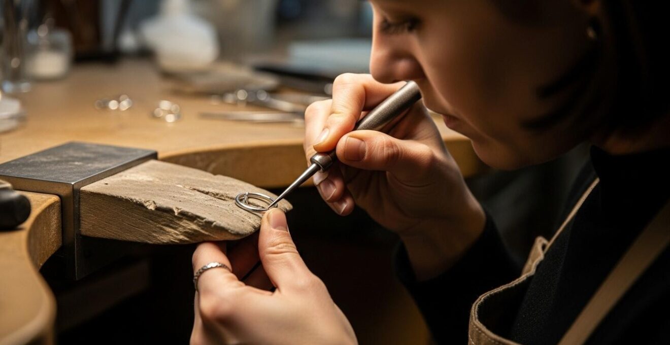 Photographie documentaire style atelier de joaillerie avec un artisan au travail sur un bijou minimaliste