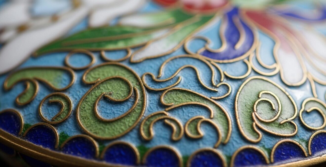 Photographie en gros plan des détails d'un bijou en émail cloisonné montrant les cloisons métalliques et les couleurs vives