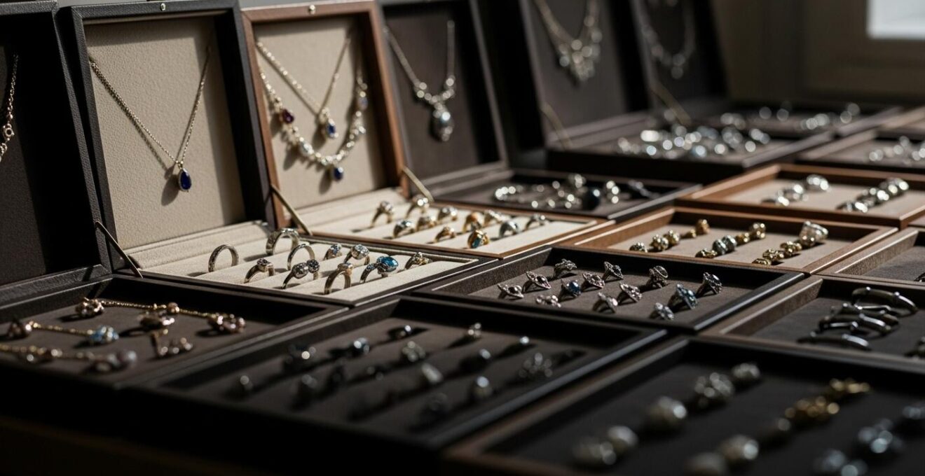 Vue d'un assortiment de bijoux exposés proprement dans des écrins assortis avec douceur et lumière naturelle.