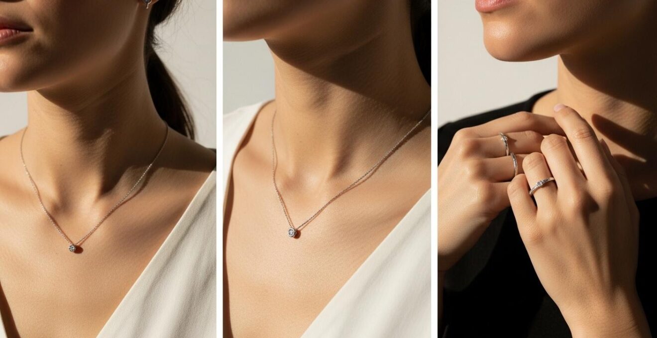 Photo présentant un ensemble équilibré de trois bijoux fins portés sur différentes parties du corps (oreilles, poignet, main)