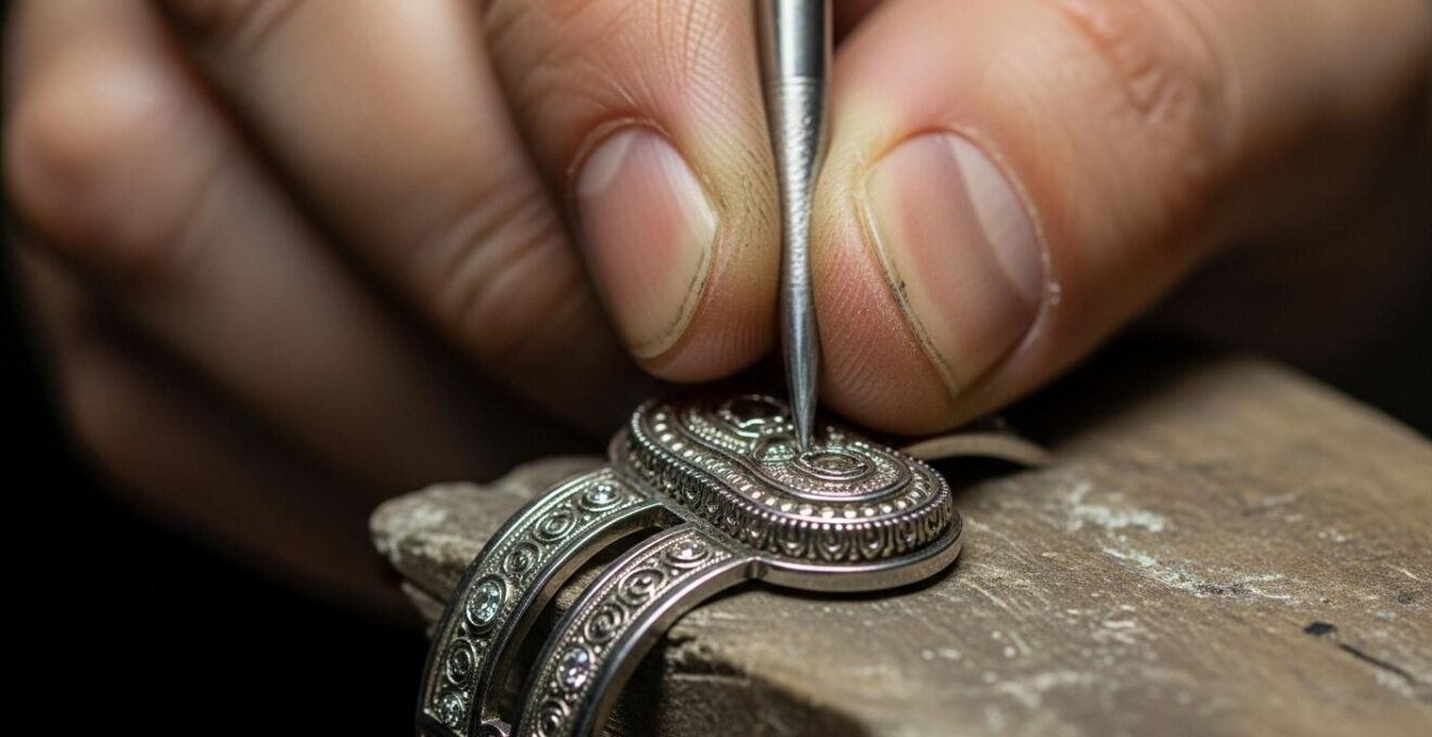 Détail en gros plan de la main d'un artisan bijoutier travaillant sur un bijou en métal avec outils traditionnels