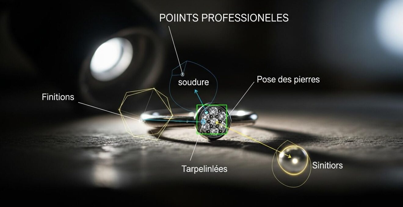Composition visuelle montrant un bijou avec mise en avant des soudures soignées, pose précise des pierres et finitions nettes