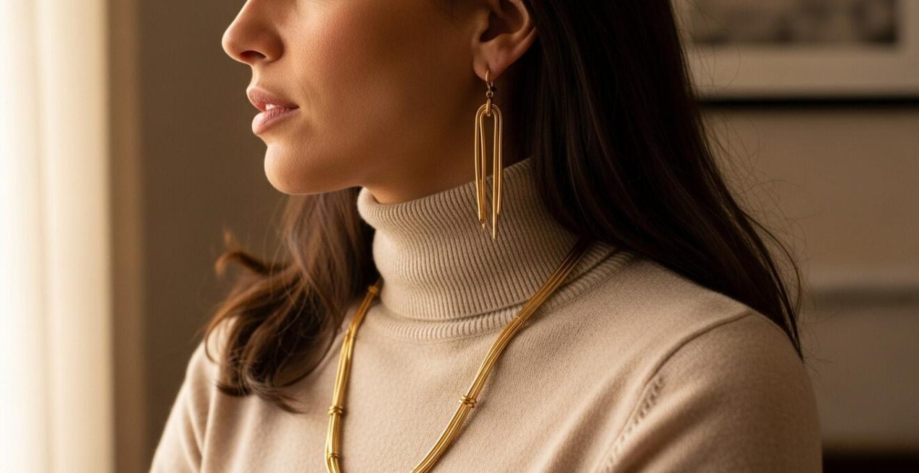 Photographie réaliste : femme élégante portant un pull col roulé avec un long sautoir et des boucles d'oreilles assorties, lumière naturelle