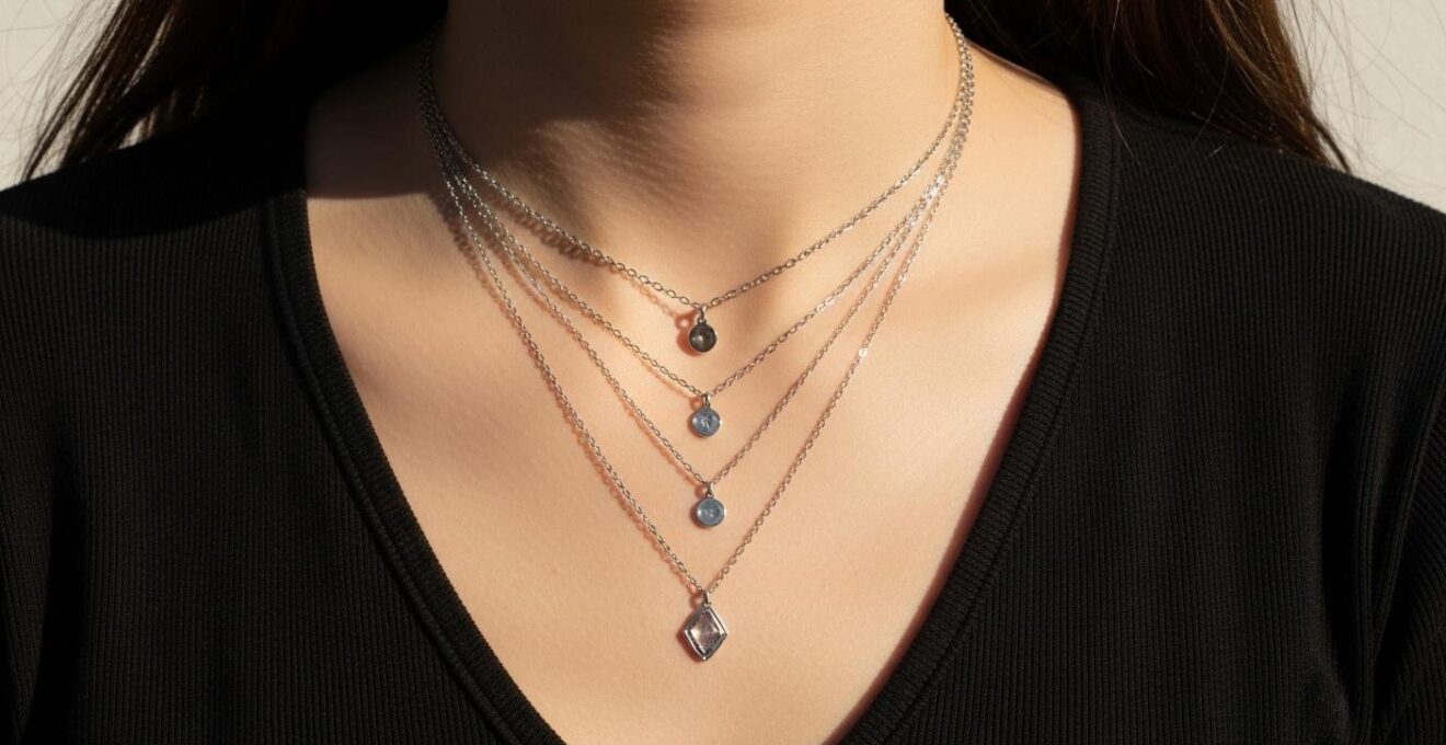 Illustration claire et visuelle montrant différentes longueurs de chaînes portées avec un pendentif sur un décolleté féminin