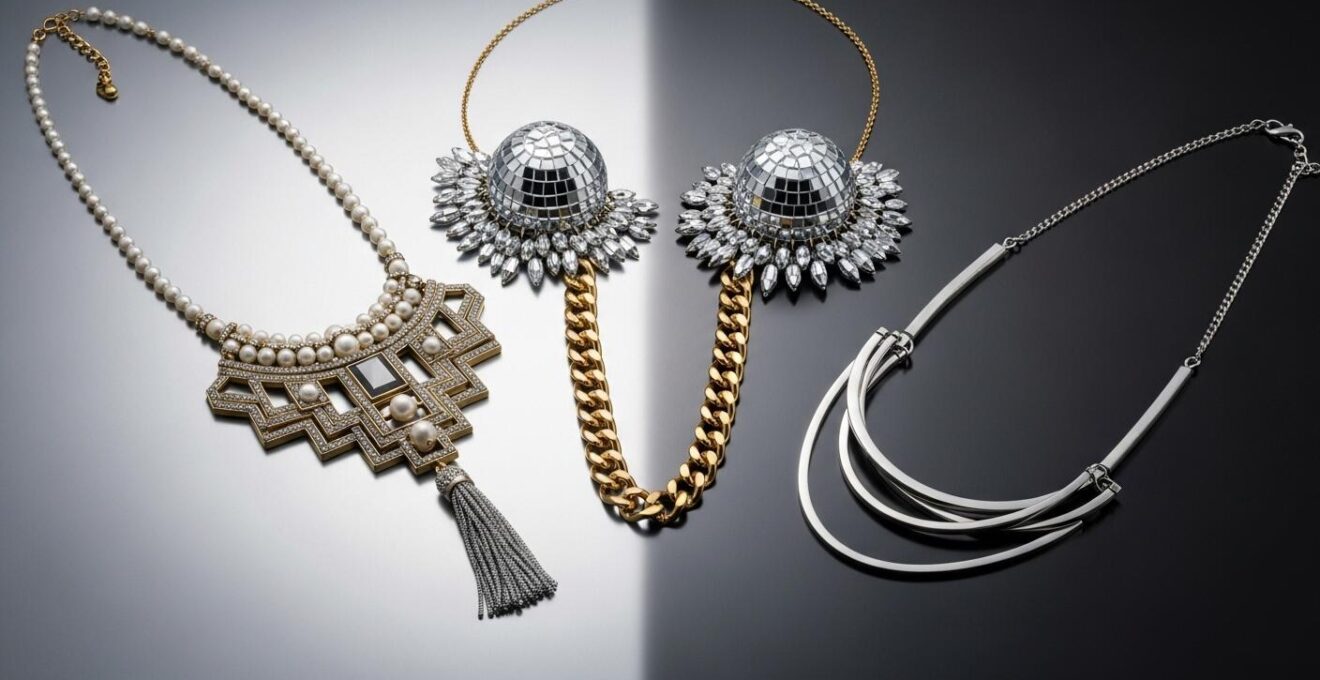 Représentation symbolique des différentes époques du sautoir en mode, du Rococo aux années disco
