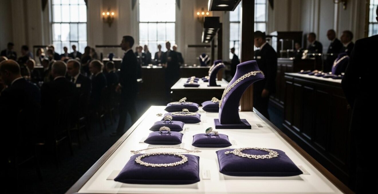 Photographie d'une scène d'enchères animée avec des bijoux de haute valeur exposés et les enchérisseurs attentifs