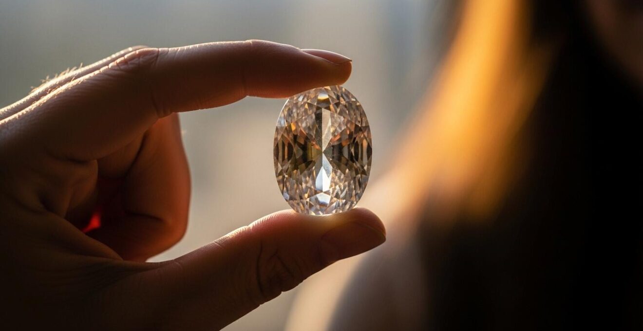 Photographie symbolique d'une main tenant délicatement une pierre précieuse lumineuse représentant une pierre de naissance