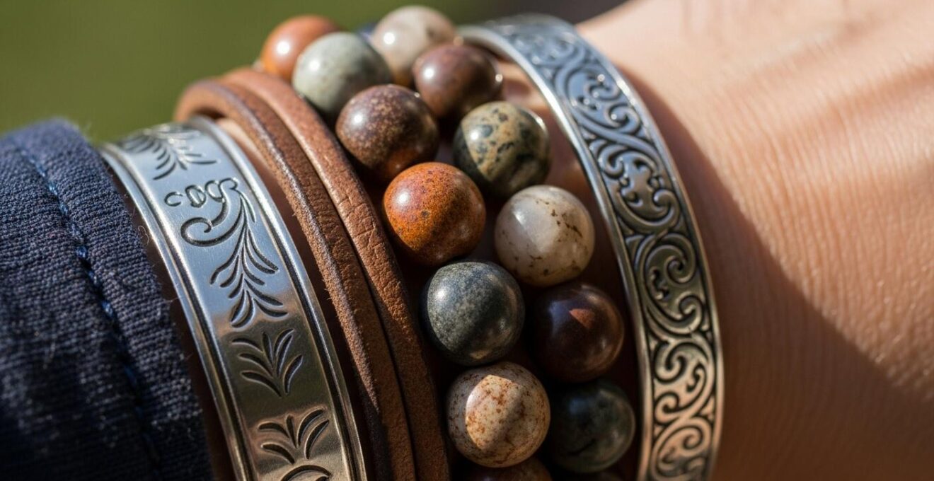 Photo montrant un poignet avec un stacking élégant de bracelets fins de différentes textures et couleurs harmonieuses