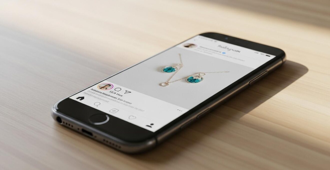 Vue d'écran stylisée de smartphone montrant un feed Instagram de bijoux artisanaux avec interactions et boutique en ligne