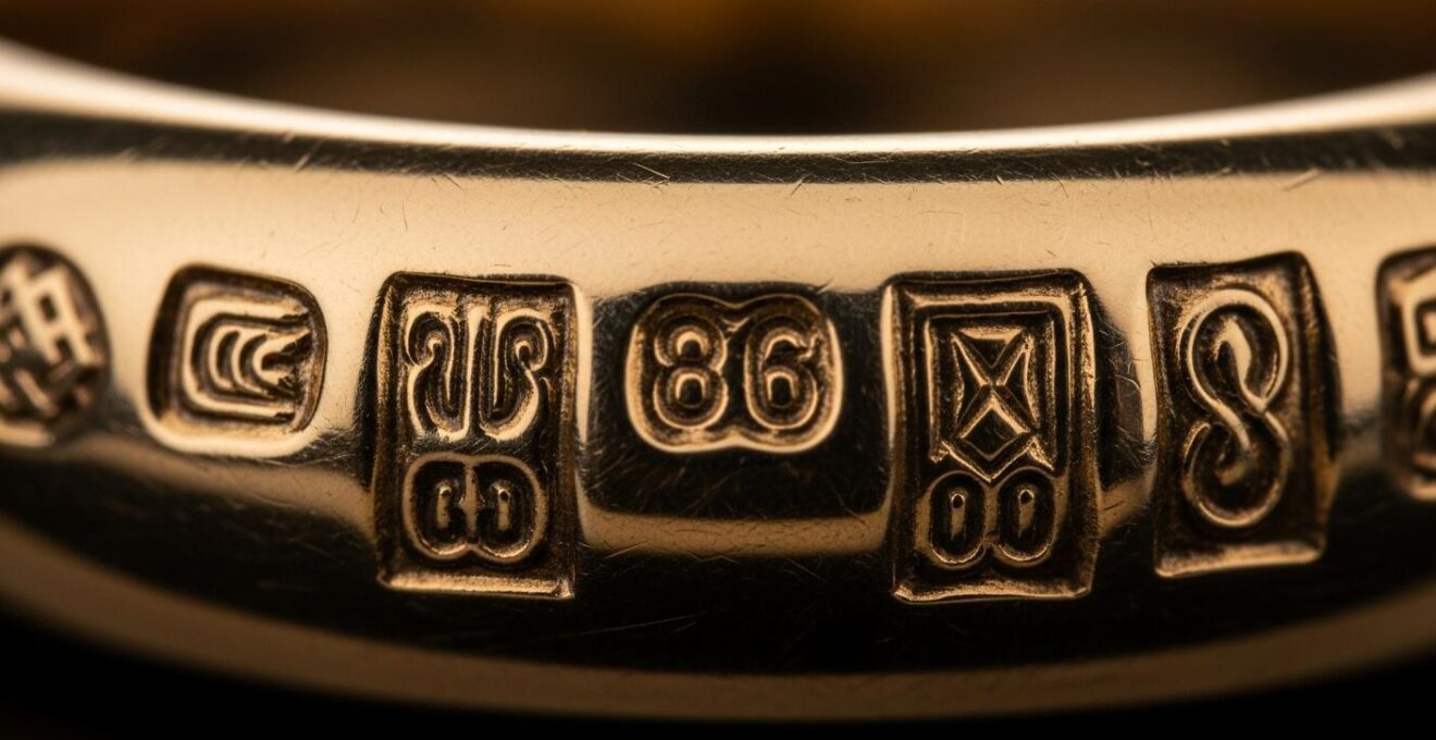 Gros plan macro sur des poinçons gravés sur une bague en or, avec détails visibles et lumière ciblée.