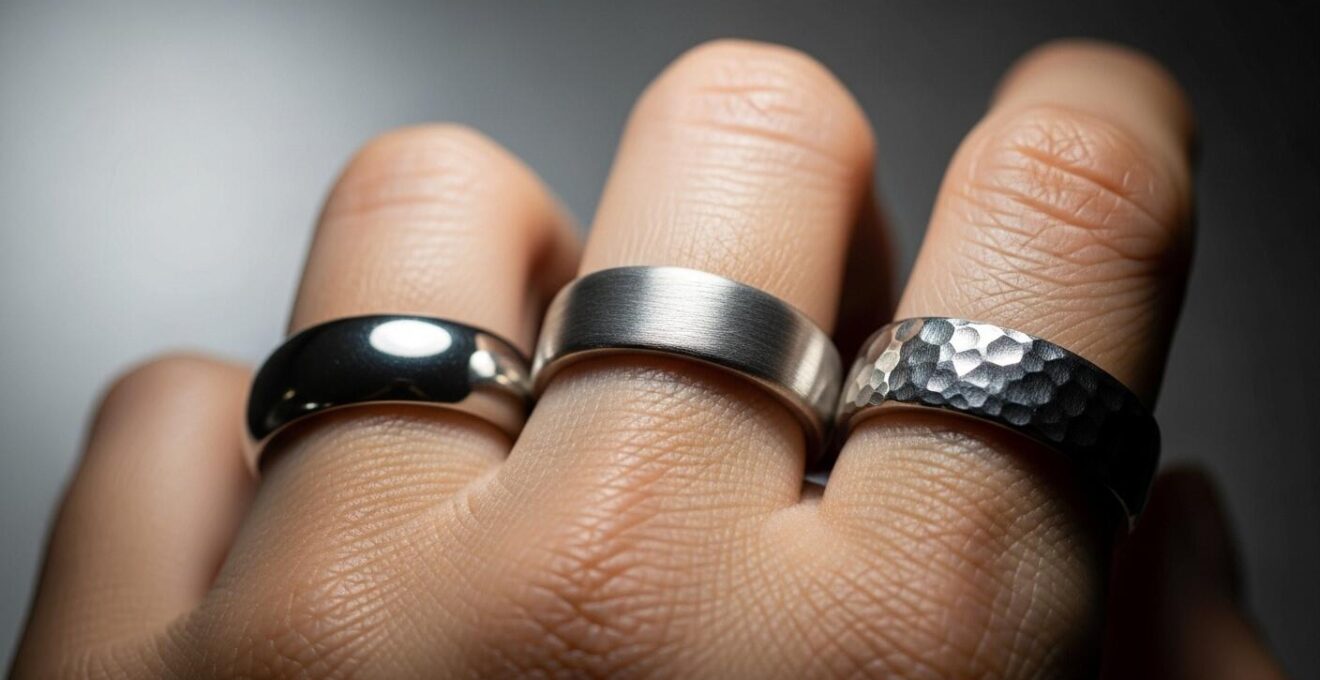Photographie macro de différentes finitions de bague sur une main.