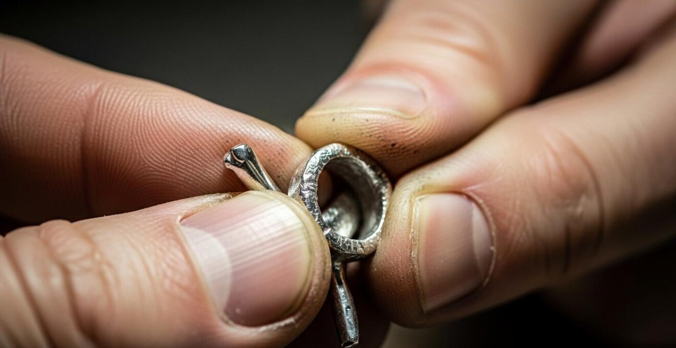 Une main d'artisan tenant délicatement un bijou en cours de fabrication montrant des imperfections visibles qui soulignent le caractère unique de la pièce