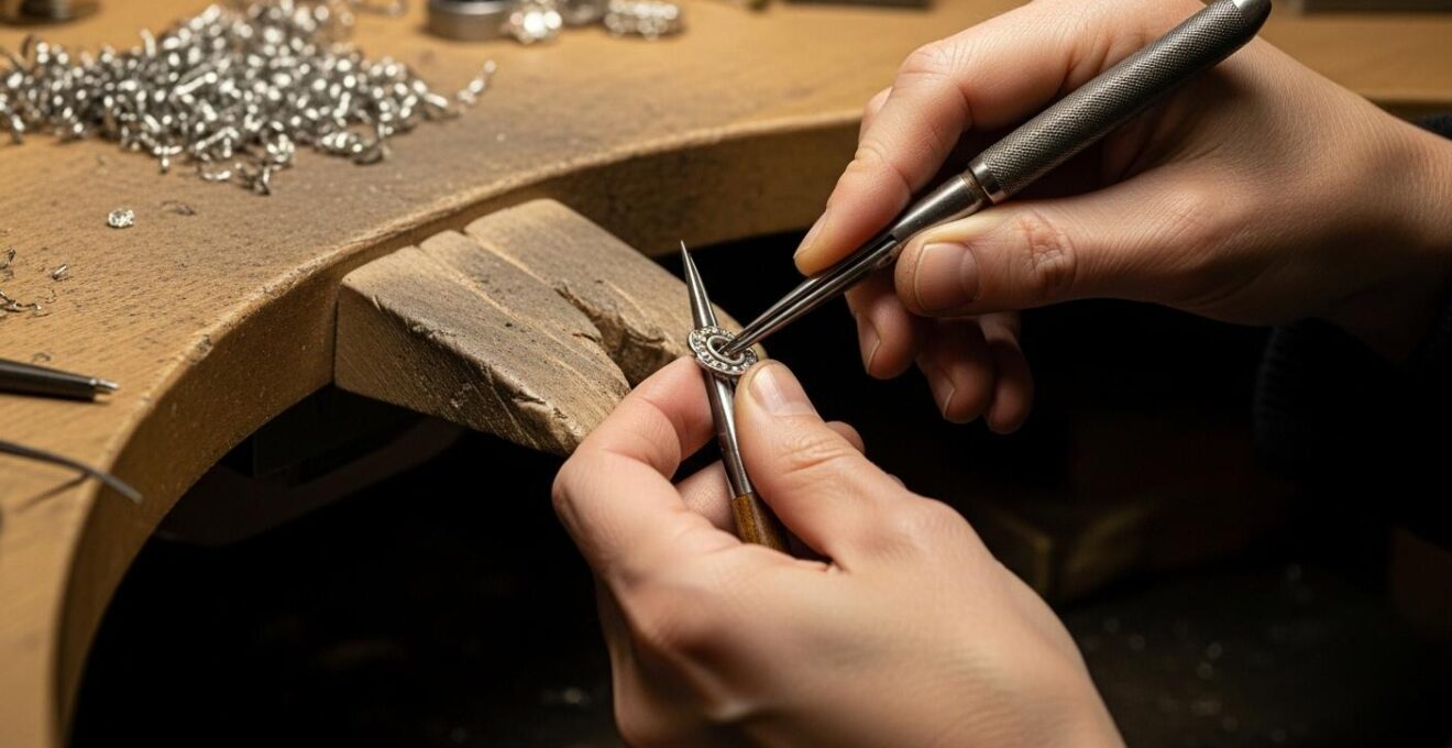 Mains d'un artisan joaillier façonnant un bijou avec des outils traditionnels sur un établi lumineux.