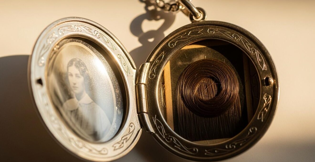 Médaillon en gros plan ouvert montrant une photo et un petit objet symbolique à l'intérieur