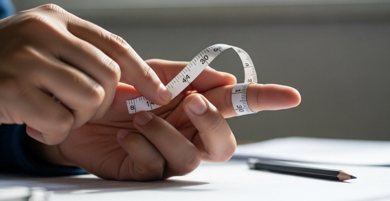 Photographie réaliste d'une personne mesurant son doigt avec une bandelette de papier.