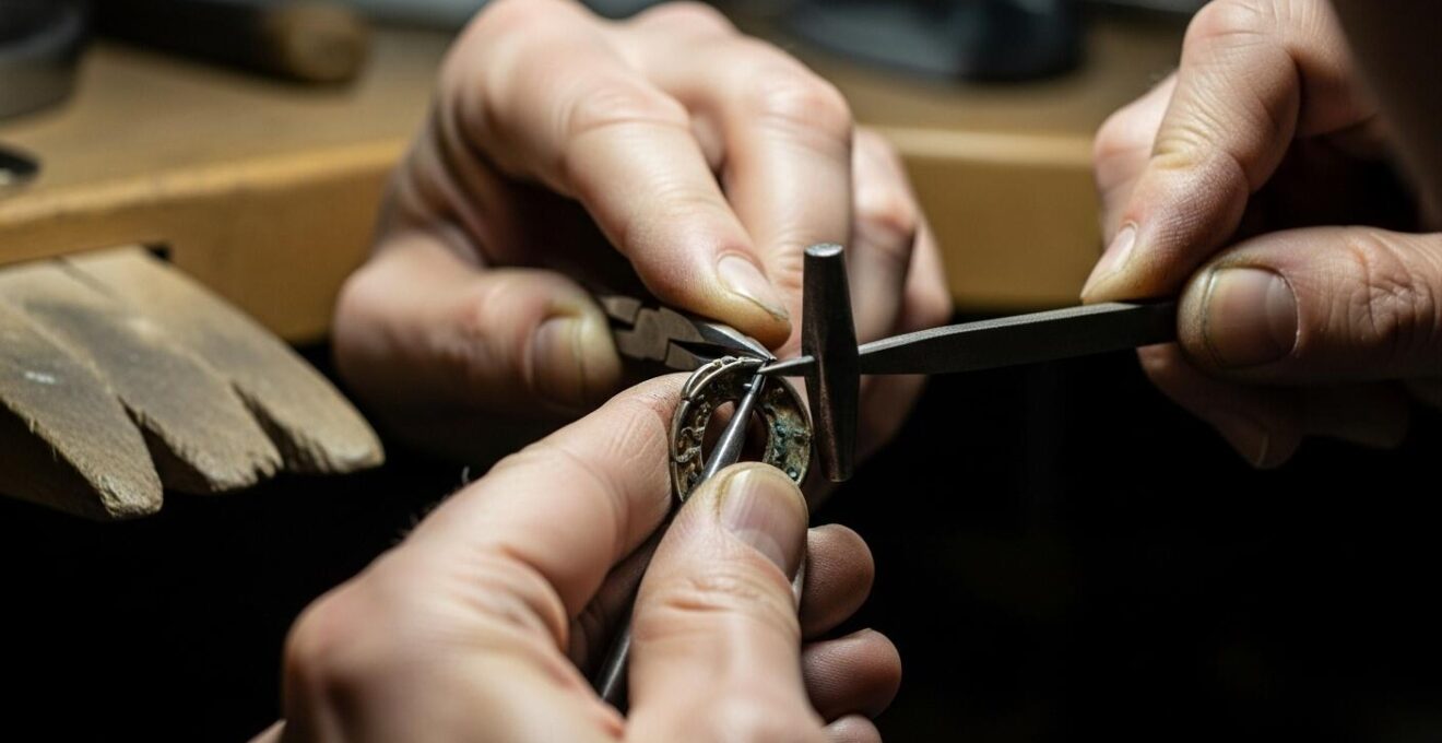 Photo réaliste d'un artisan joaillier travaillant à la refonte d'un bijou ancien avec outils précis et lumière naturelle.