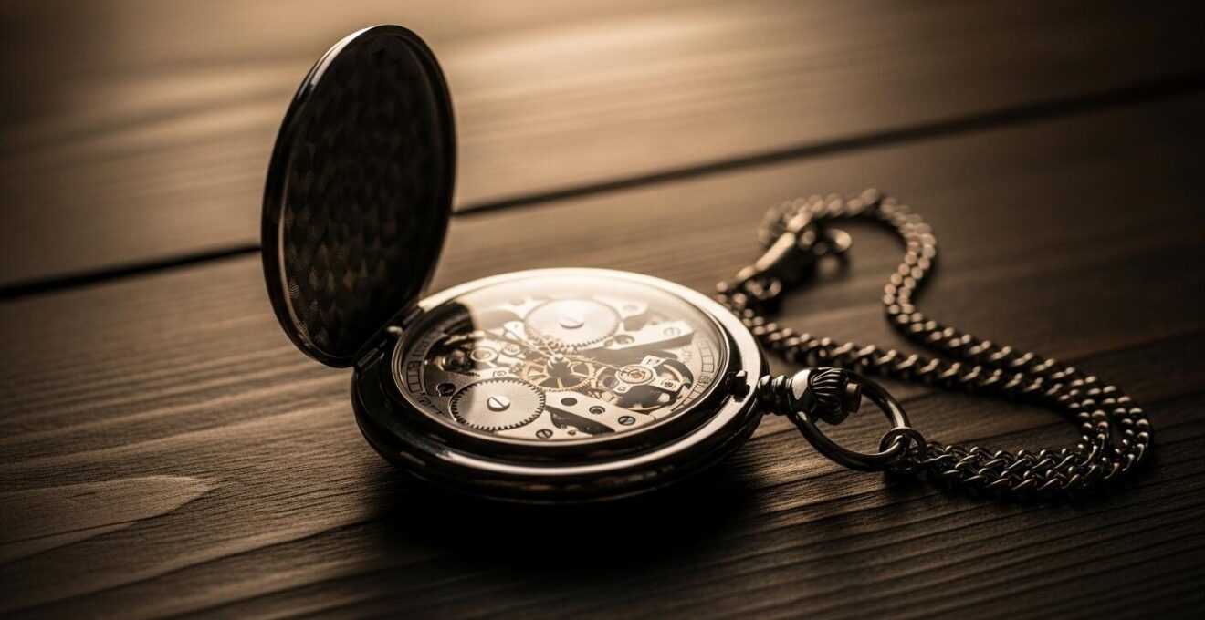Photographie d'une montre de gousset ancienne posée sur un fond en bois sombre avec une chaîne métallique élégante
