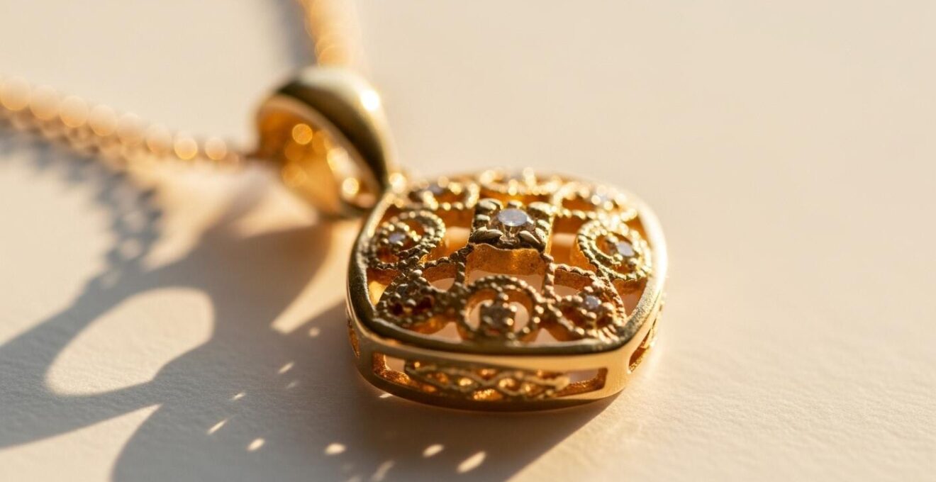 Photographie réaliste d'un pendentif délicat en or sur une fine chaîne, éclairage naturel mettant en valeur la finesse et l'élégance, sans texte visible