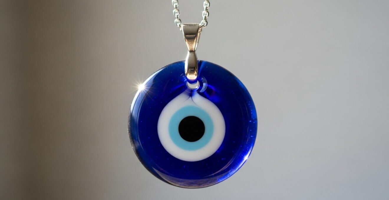Photographie réaliste d'un pendentif mauvais œil sur une chaîne fine en lumière naturelle