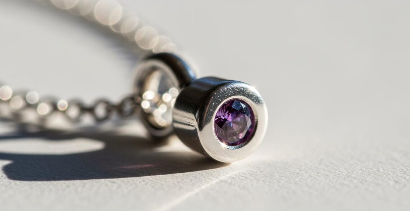 Photographie rapprochée d'un pendentif fin avec une petite pierre de naissance sertie délicatement.