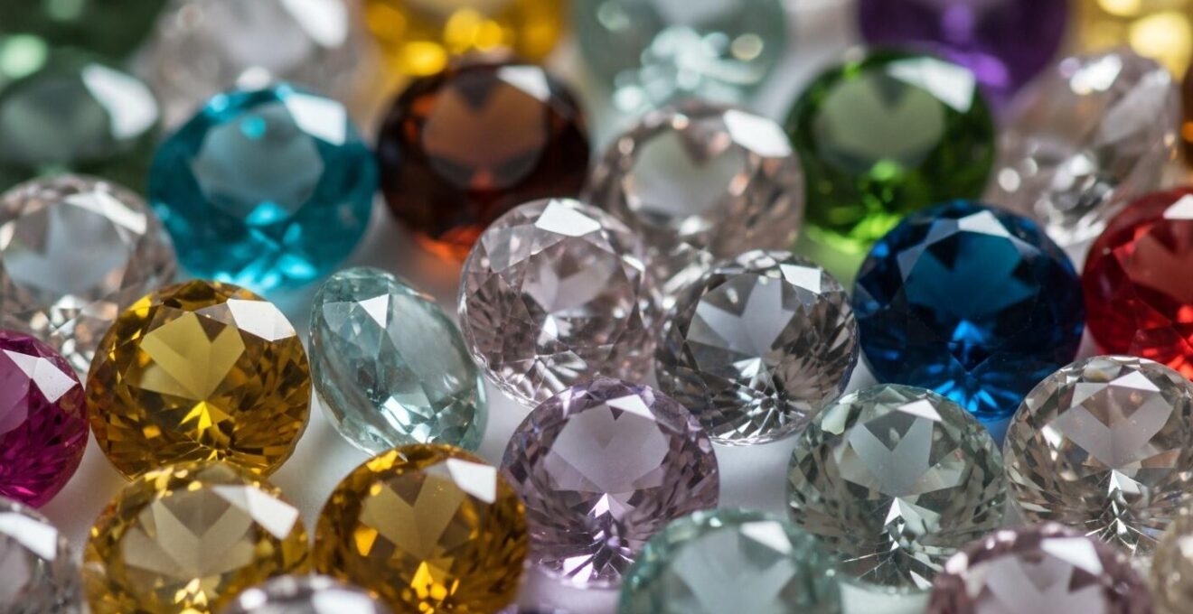 Photographie rapprochée de diverses pierres fines colorées aux éclats lumineux sur un fond neutre.